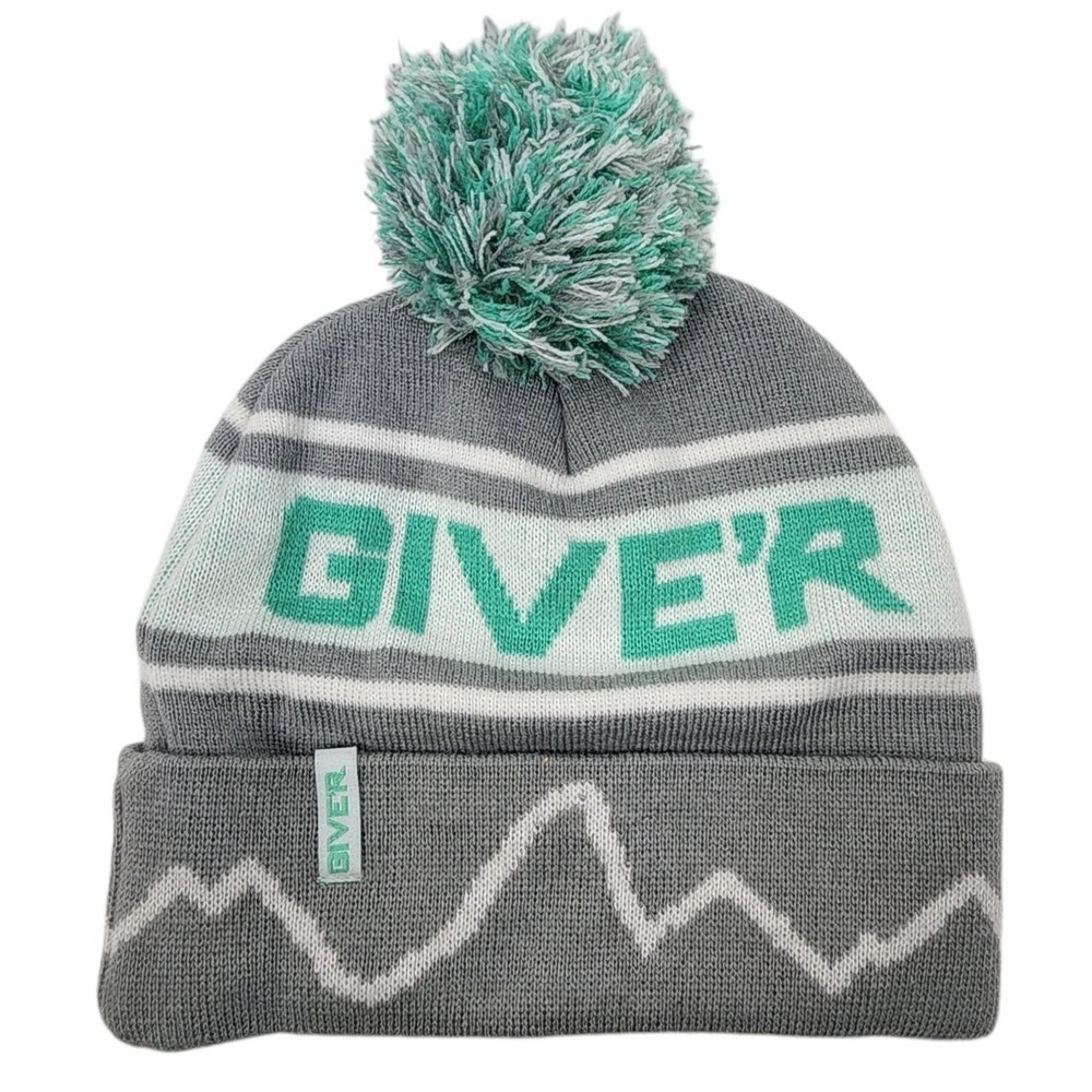 Giver Knit Pom Beanie Hat With Logo & Mountain Design Gray Mint Unisex Warm Cozy